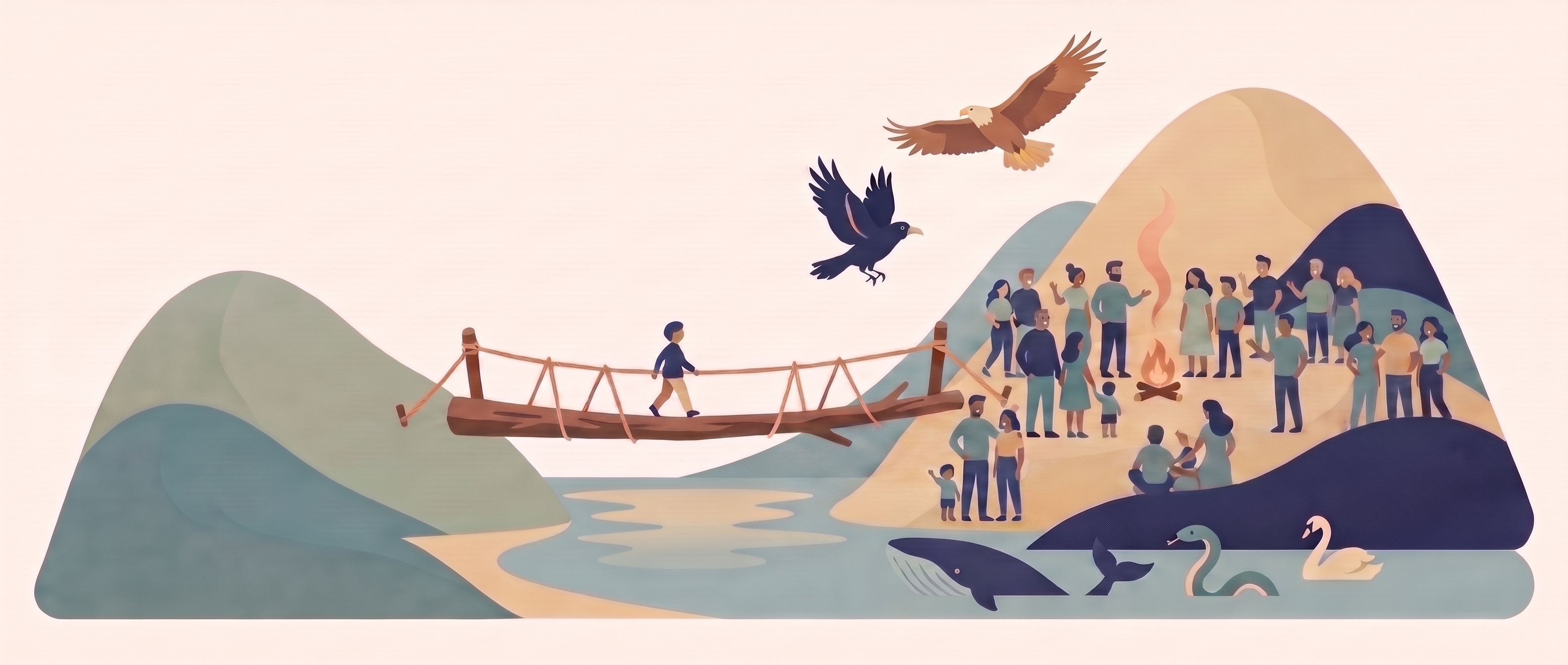 A lone figure crosses a hand-woven rope bridge between two mountains toward a community gathered around a fire; a raven and an eagle fly overhead, and a whale, serpent and swan wait in the lake below.